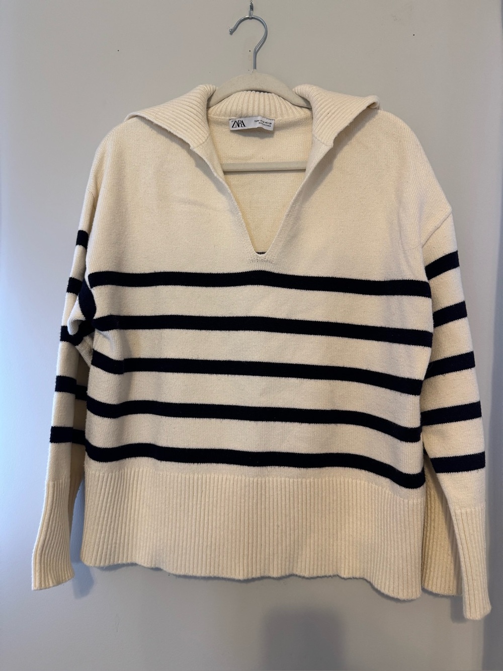 Zara Cream Black Striped Sailor Collar Sweater Size M